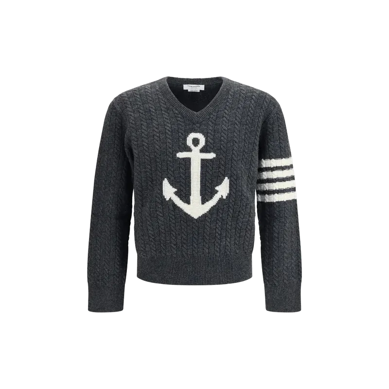 Thom Browne Anchor Intarsia Merino Wool Sweater — Gray