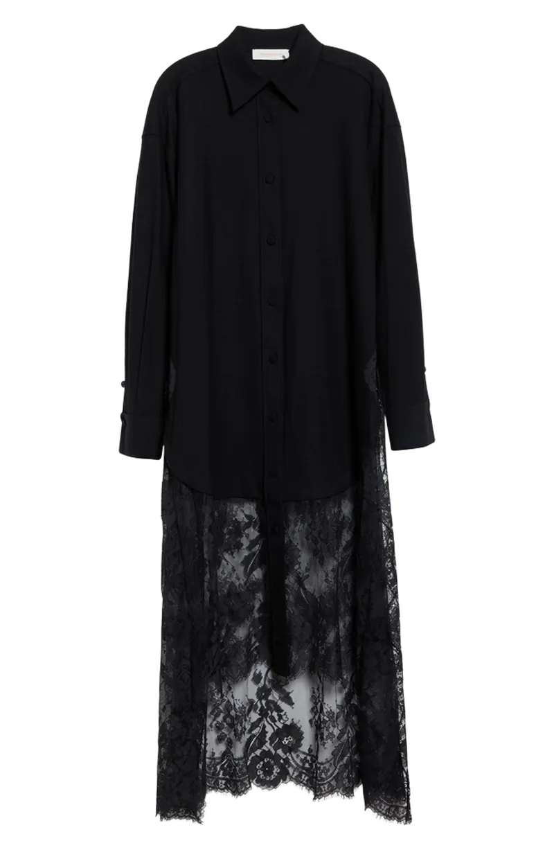 Valiant Lace Trim Longline Stretch Wool Button-Up Shirt