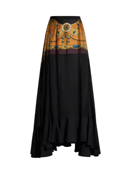 SILK MAXI SKIRT WITH BOW AND PLACED JEWELLERY PRINT