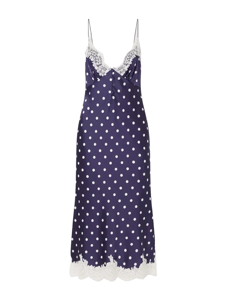 Lace-trimmed polka-dot satin midi dress