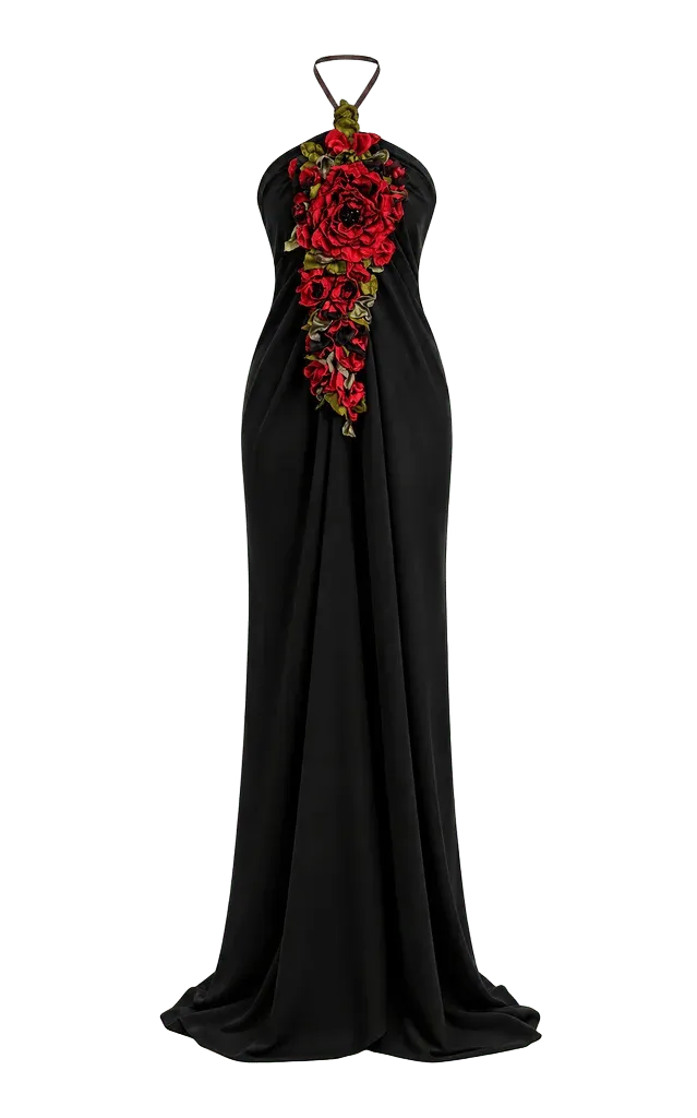 Floral Appliqué Halter Column Gown