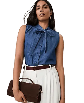 Sleeveless Bow Neck Blouse in Chambray