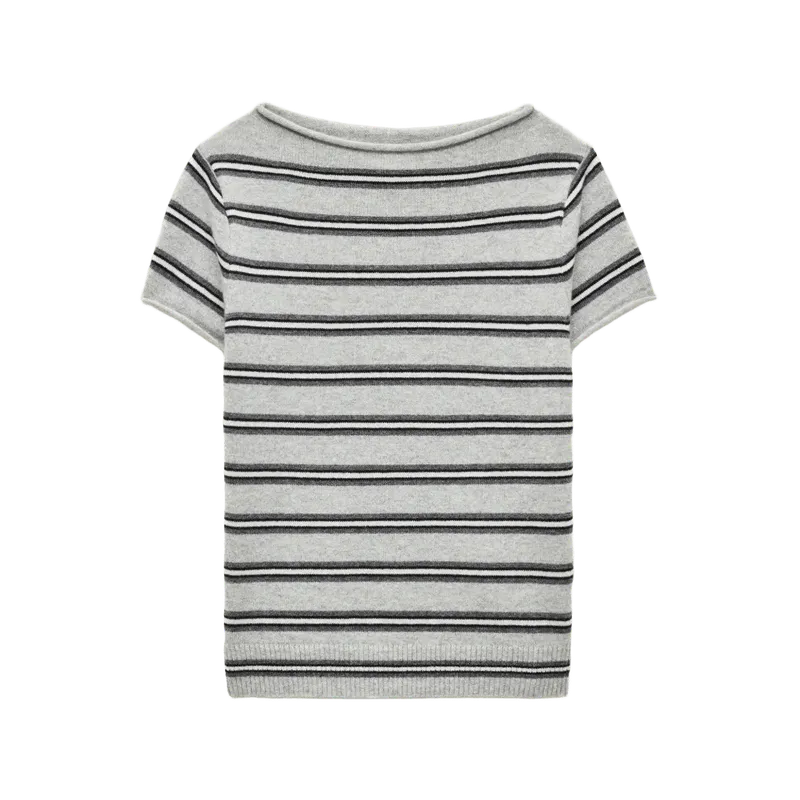 Rolled cashmere boatneck sweater-tee in stripe