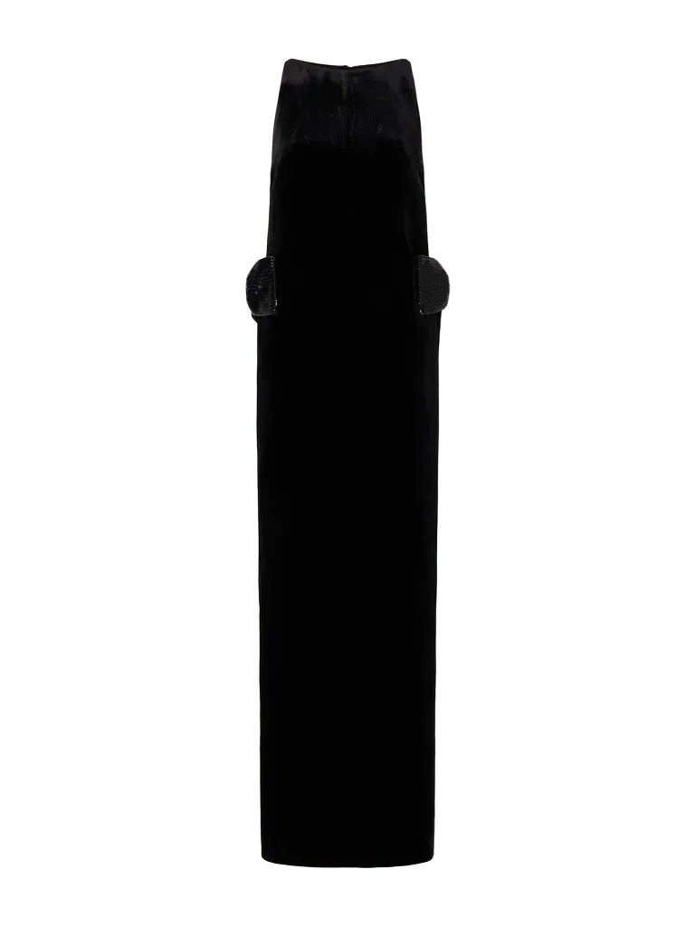 Bow-detailed embellished velvet maxi dress
