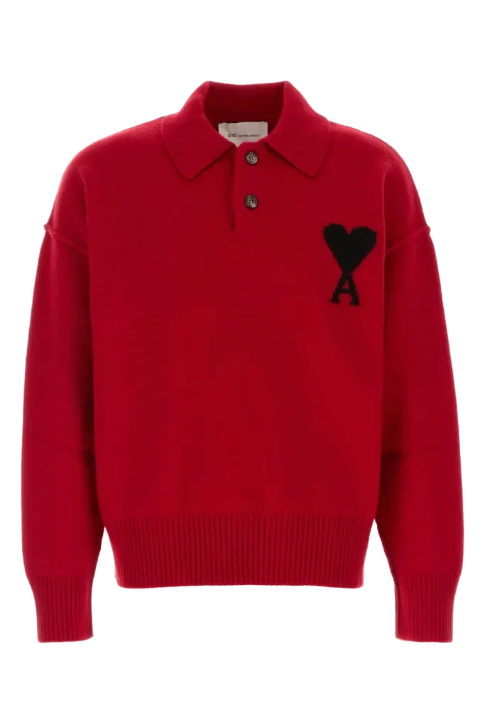 AMI Paris Heart-Embroidered Virgin Wool Polo Shirt — Red