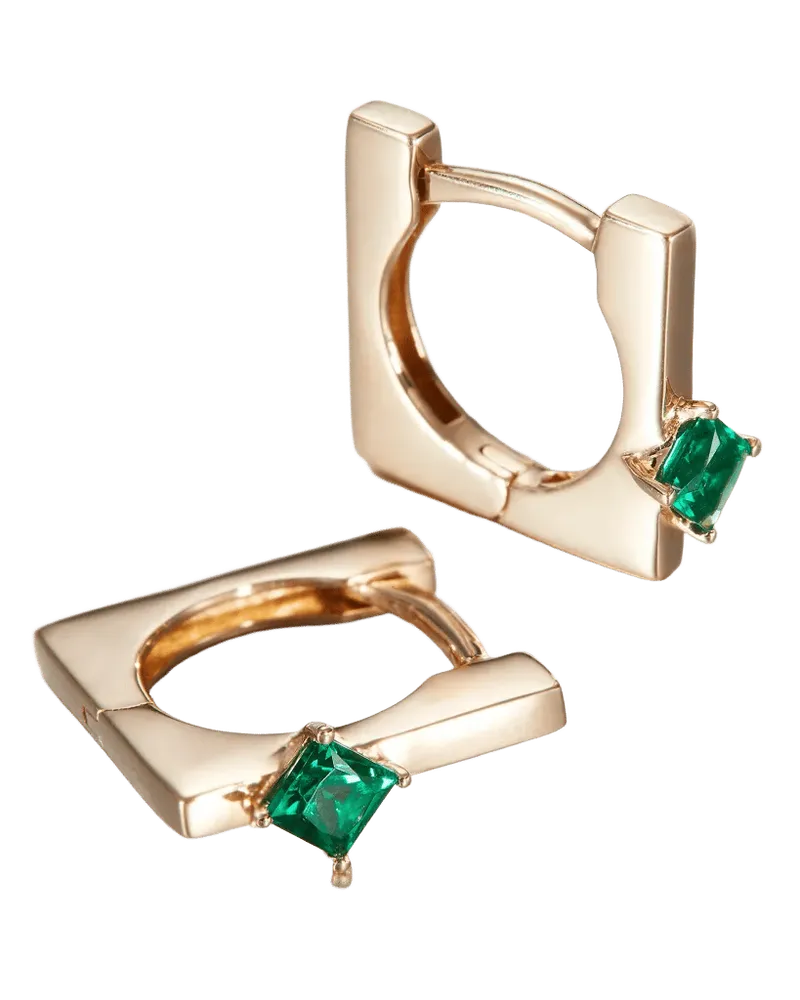 14K Princess Cut Emerald Huggie Earrings