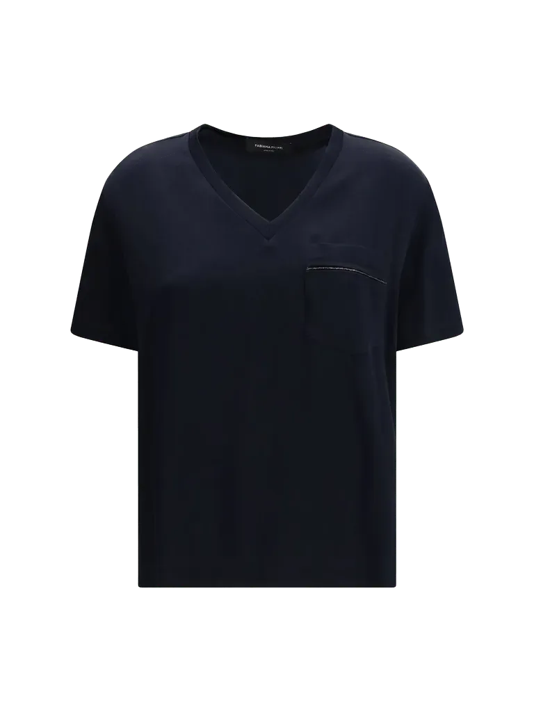 Fabiana Filippi V-Neck Viscose T-Shirt — Navy
