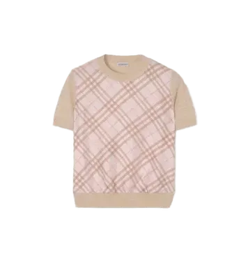 Check Panel Wool Silk T-shirt in Quartz pink - Women | Burberry Official