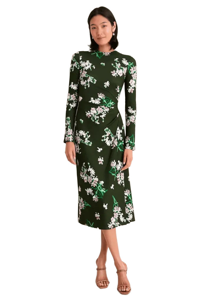 Painted Orchid Forest Green Floral Long Sleeve Midi Dress