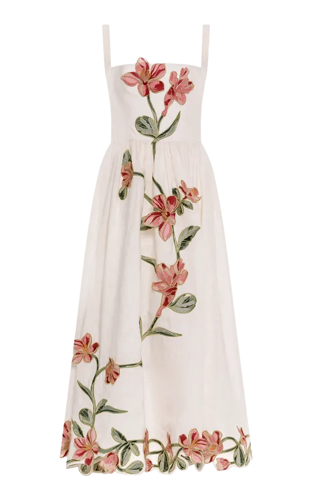 Mielero Castillo Embroidered Linen Midi Dress