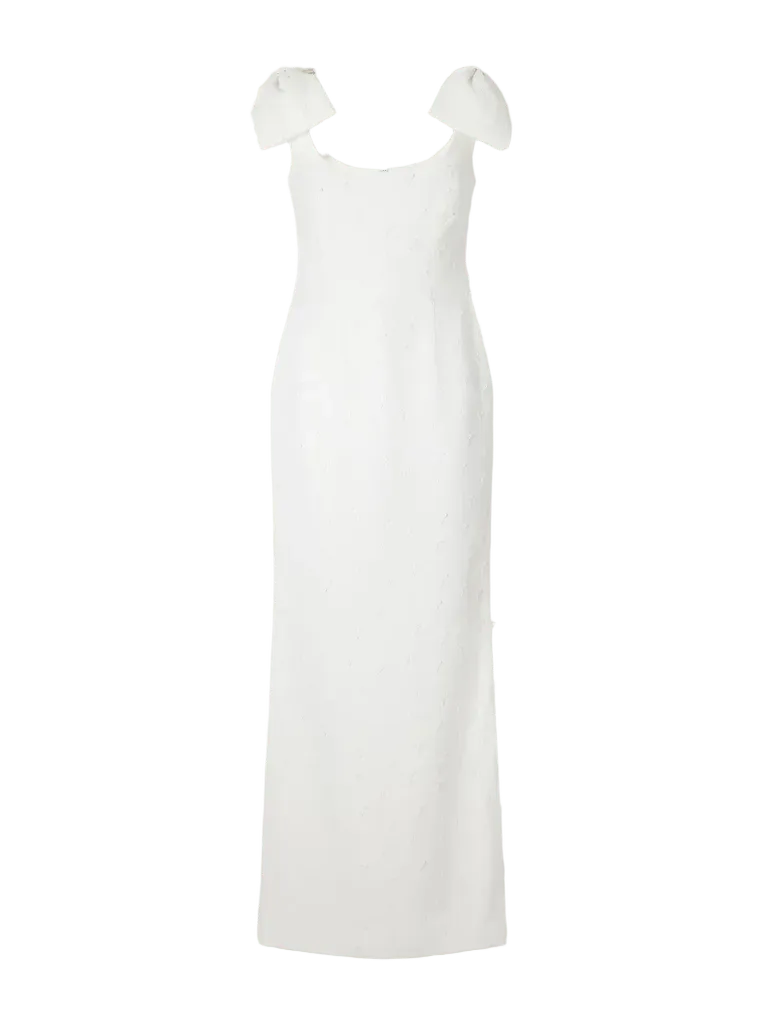 Mariee bow-detailed embroidered paneled crepe gown