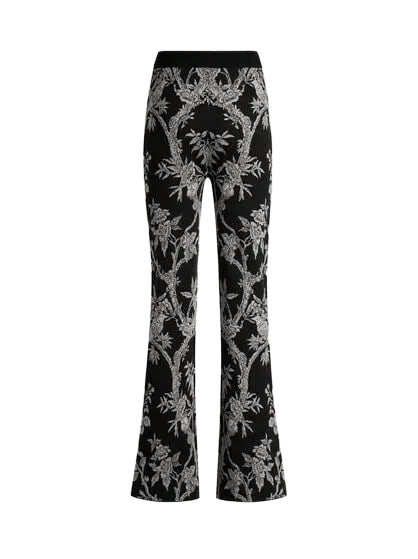 FIT-AND-FLARE WOOL-BLEND JACQUARD TROUSERS WITH PLACED NATURE MOTIF