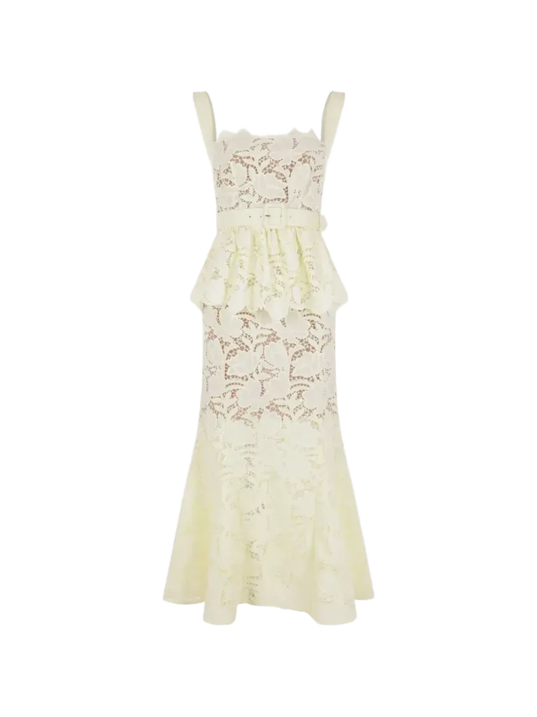 Self-Portrait yellow lace peplum midi dress