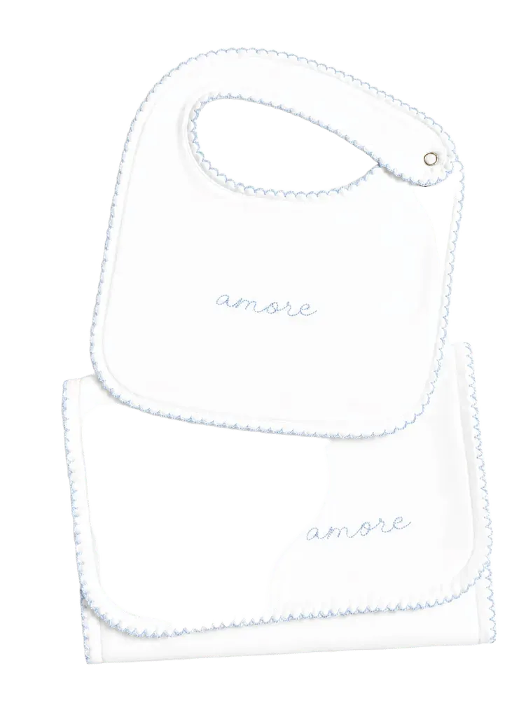 Bib & Burp Cloth Set - Embroidered Blue \"Amore\"