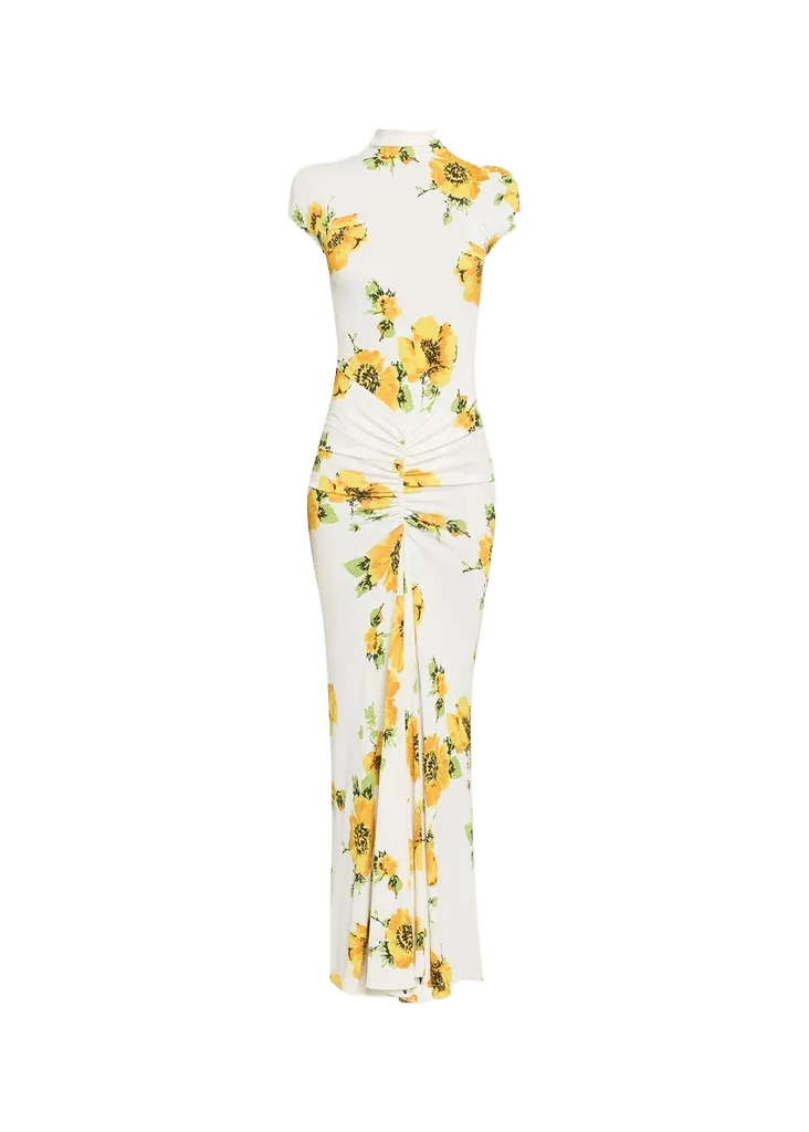 ALAÏA Mock-Neck Draped Floral Jersey Cap-Sleeve Maxi Dress