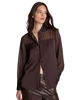 Women's Long Sleeve Button Front Satin Shirt with Sheer Yoke