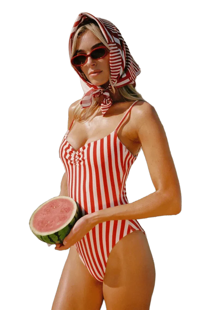 Bells Beach One Piece ~ Red Stripe Contour Scrunch