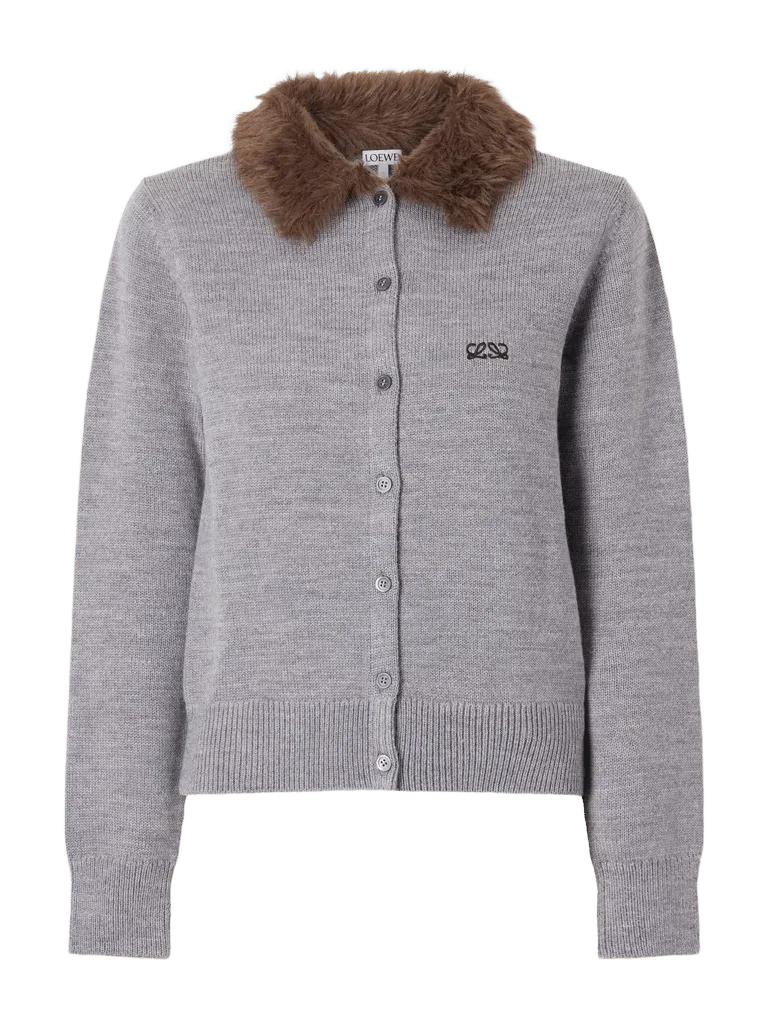 Plush-trimmed logo-embroidered wool cardigan