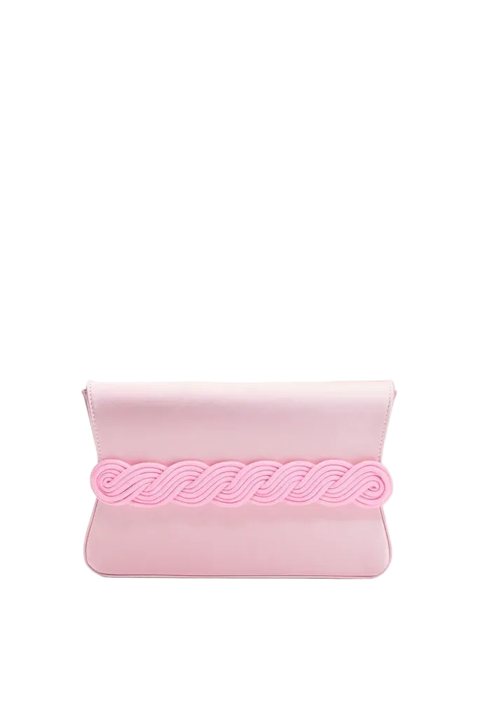 Pink satin clutch with braided passementerie
