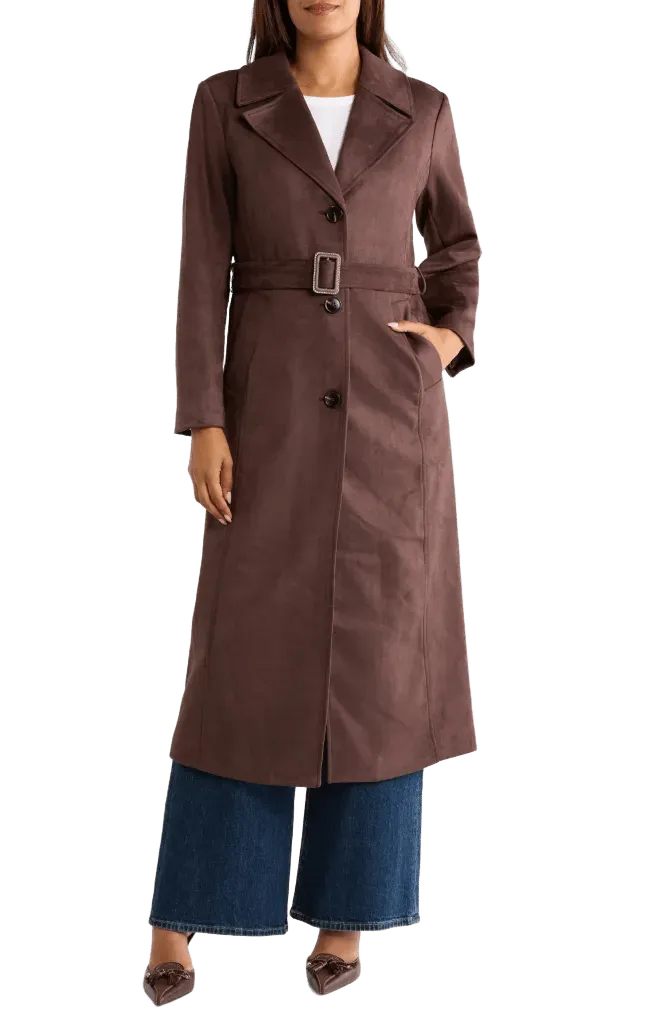 Long Faux Suede Belted Jacket