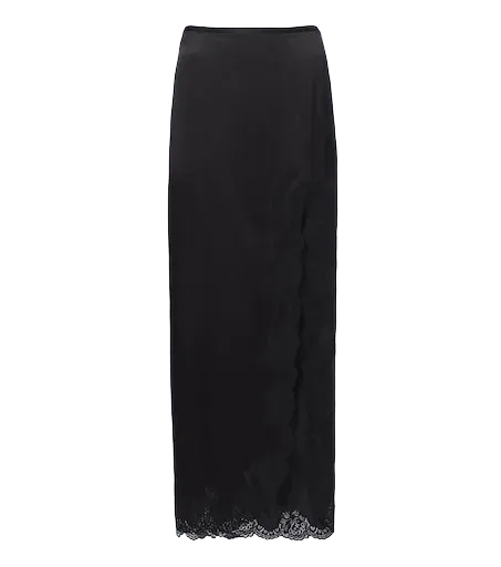 Lace-trimmed silk crêpe satin midi skirt