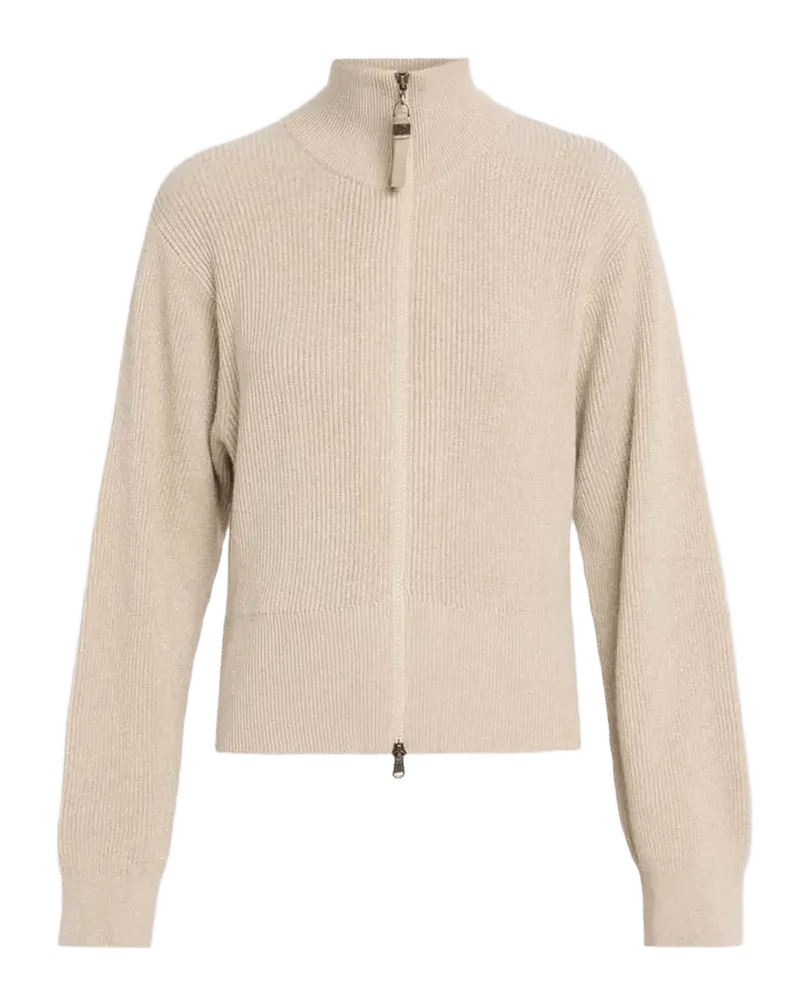 Sparkly Cashmere Rib Long-Sleeve Zip Cardigan