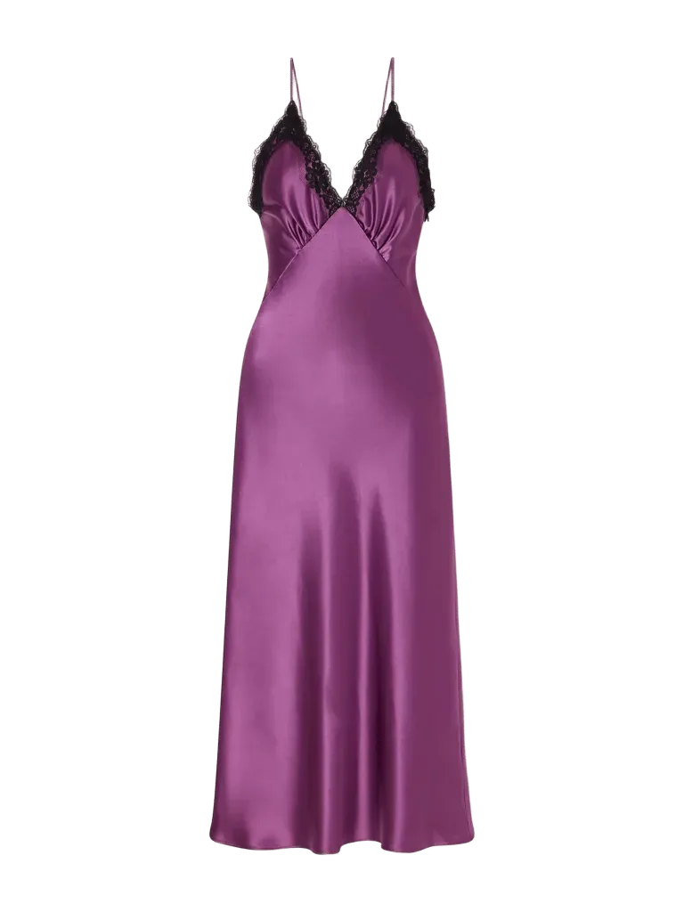 Lace-trimmed gathered satin midi dress