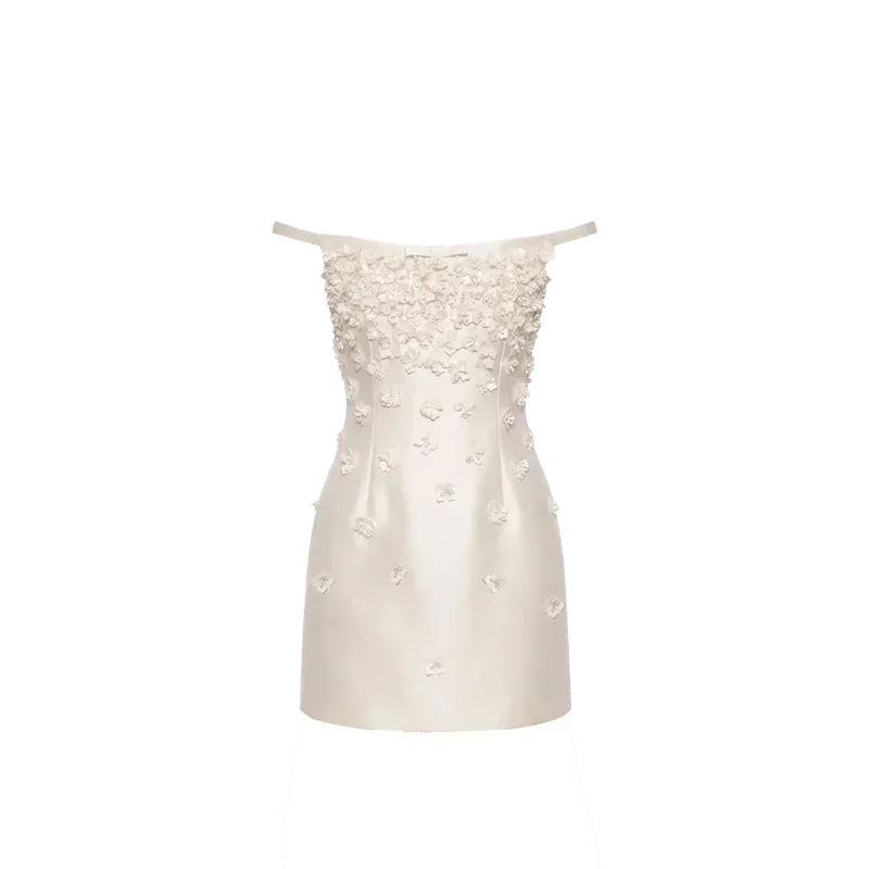 Cosette Dress in Ivory Silk Wool with Petite Fabric Flowers