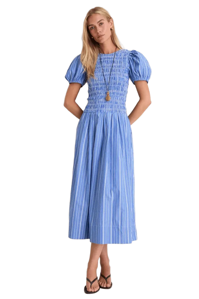 Nouvean Navy Striped Cotton Long Smocked Pleated Dress