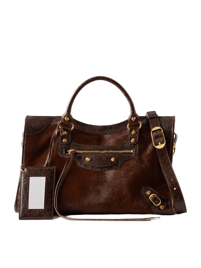 Le City crinkled leather-trimmed pony hair shoulder bag