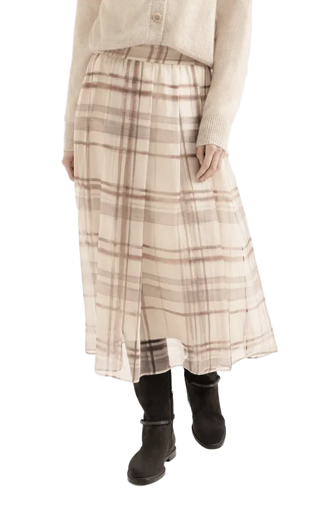 Silk organza pleated skirt in macrocheck print