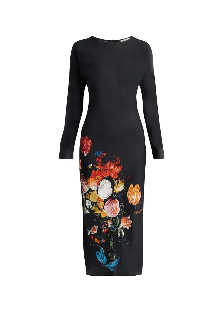 Floral Print Satin Long-Sleeve Midi Dress