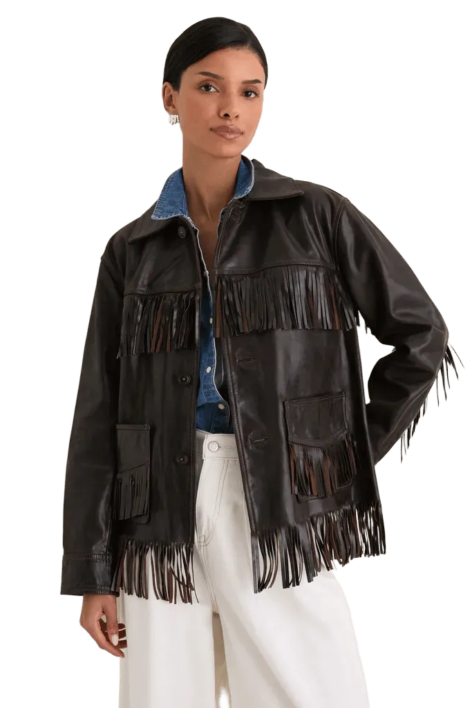 Dark Chocolate Cow Leather Fringe Jacket