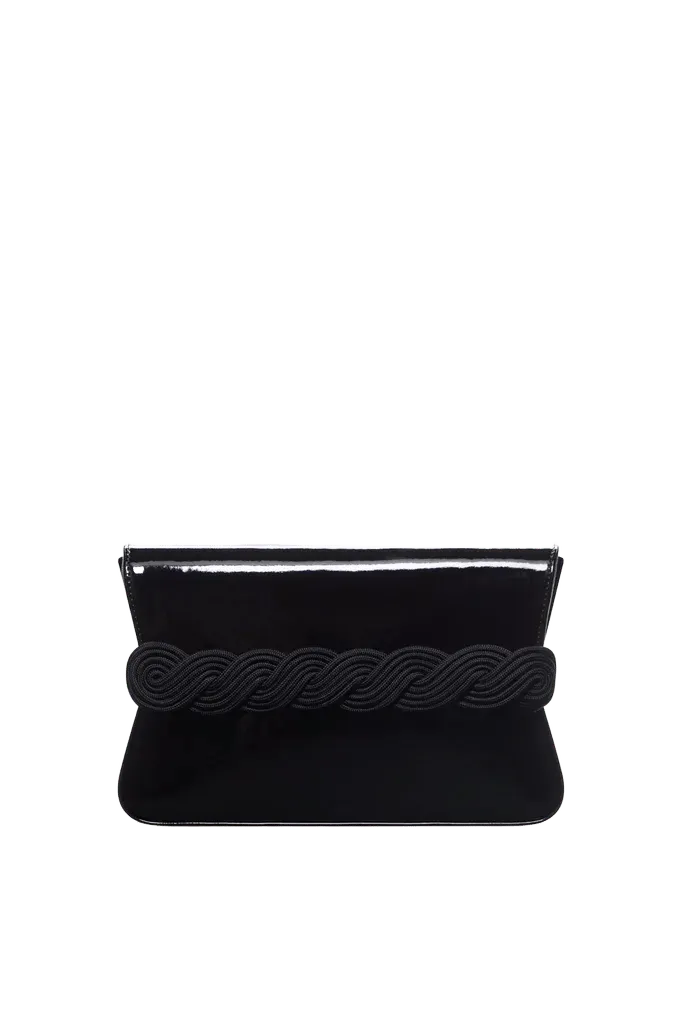 Glossy black leather clutch with braided passementerie