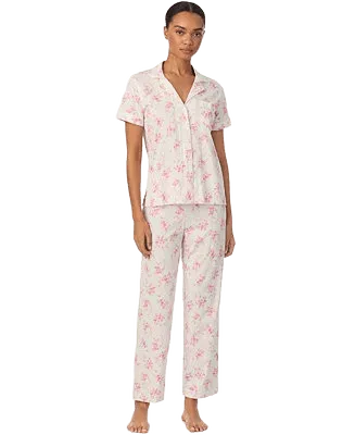 lauren ralph lauren womens short sleeve top ankle length pajama pants 2 piece set