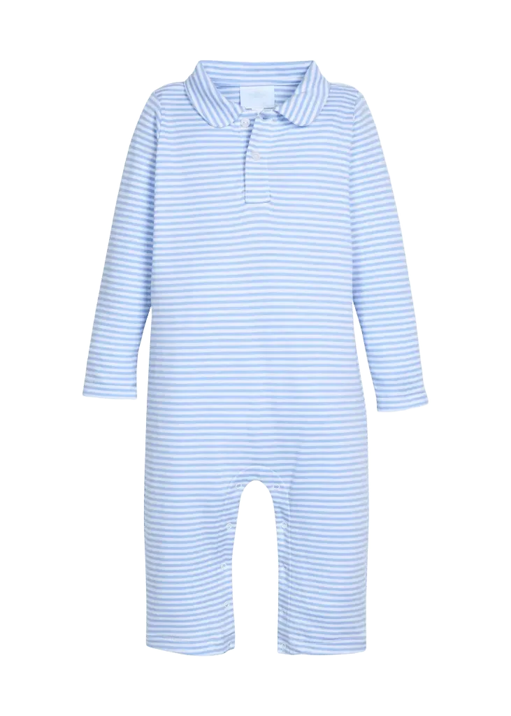 Long Sleeve Polo Romper - Light Blue Stripe
