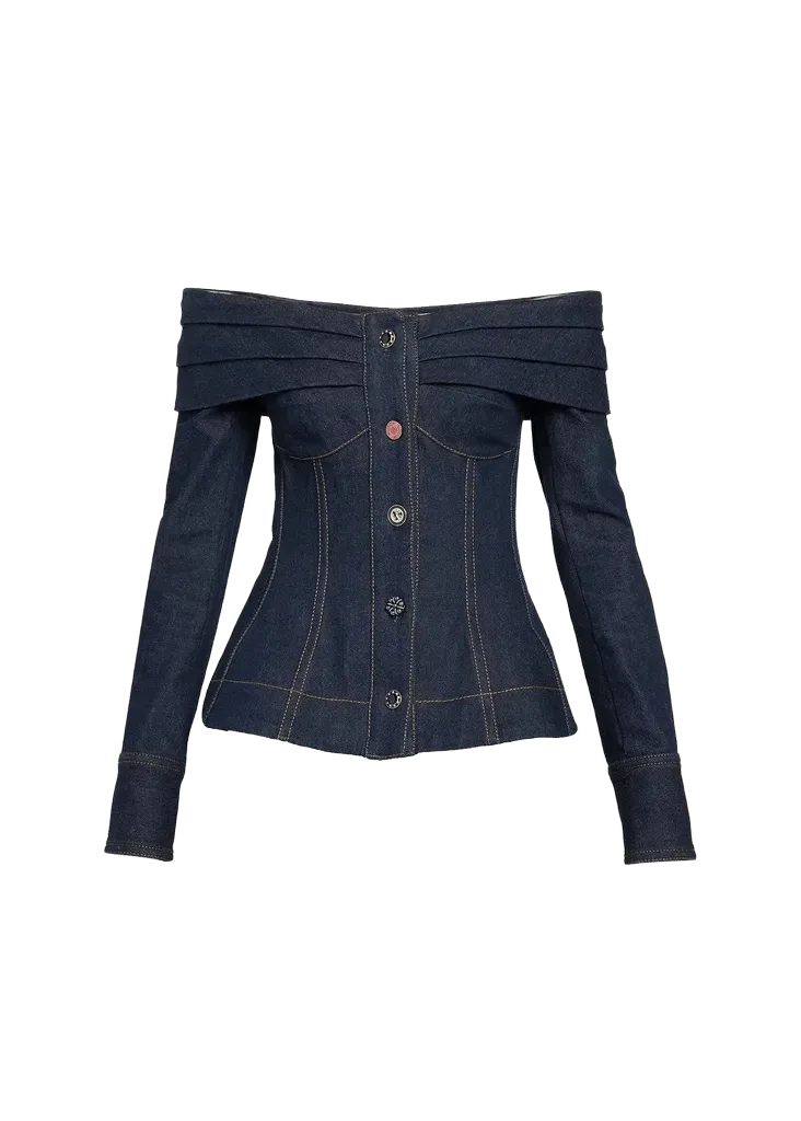 Clash Denim Off-Shoulder Boatneck Top