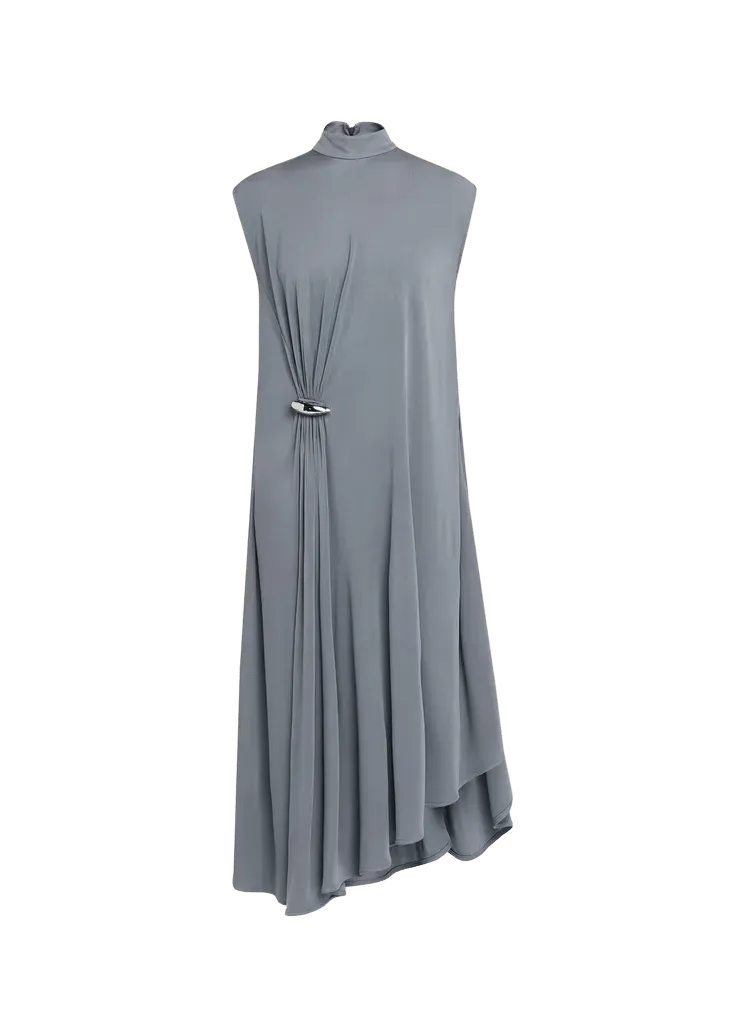 Jersey Crêpe Brooch Asymmetric Midi Dress