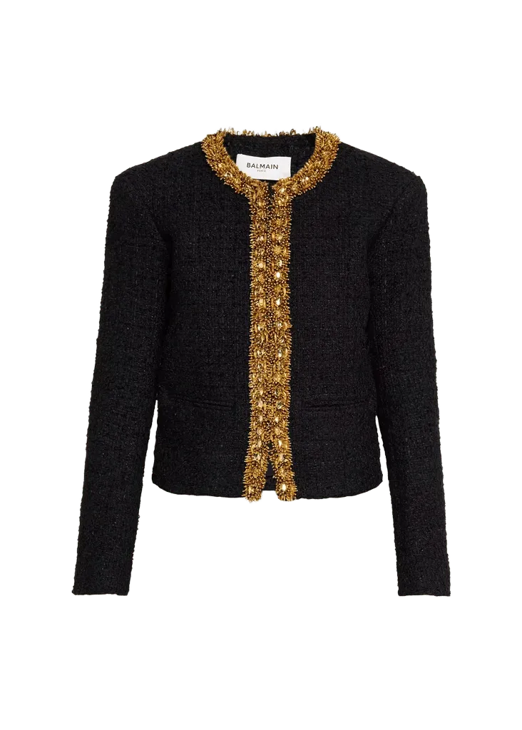 Beaded Metallic Tweed Collarless Jacket