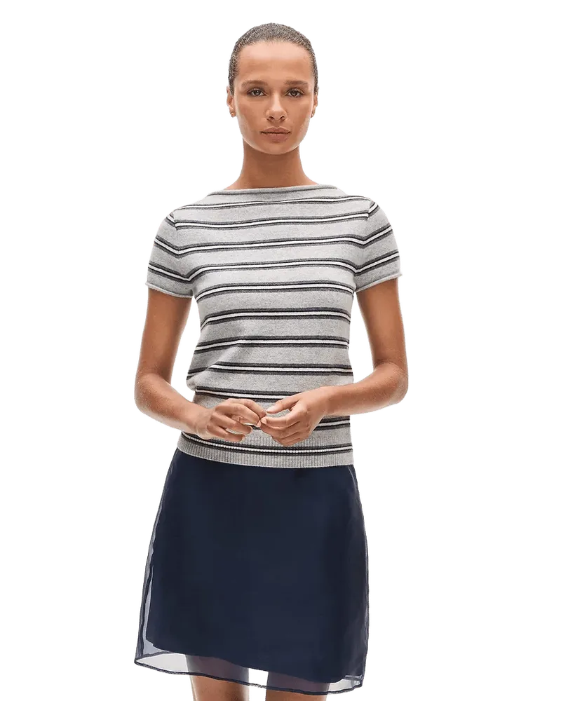 Rolled cashmere boatneck sweater-tee in stripe