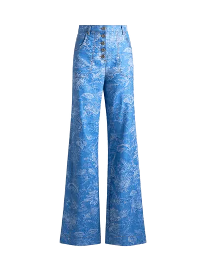 FLARED COTTON AND LINEN JACQUARD DENIM JEANS WITH FLORAL MOTIF