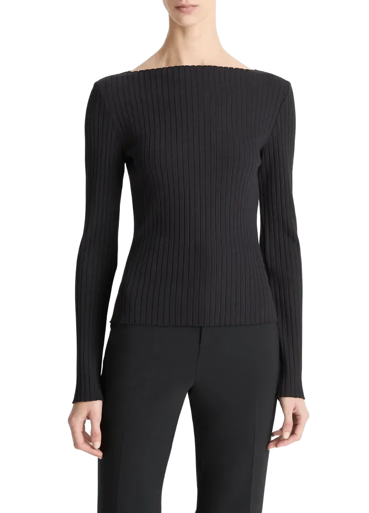 Ribbed Cotton-Blend Slash-Neck Long-Sleeve Top