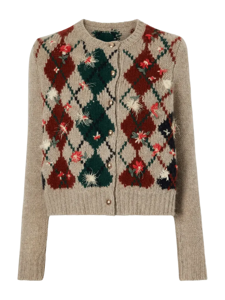 Marcela argyle embroidered wool and mohair-blend cardigan