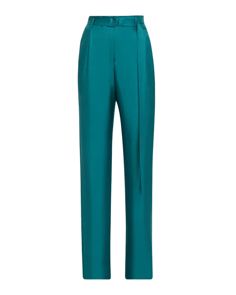 Belted Silk Pleated Straight-Leg Trousers
