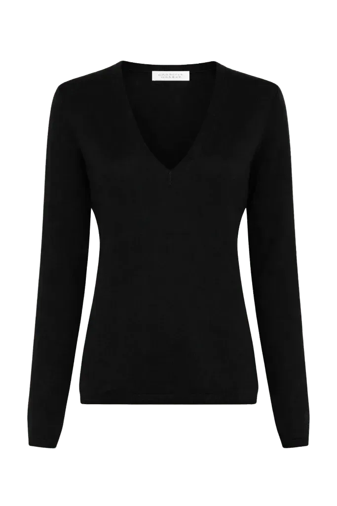 Clementia Knit V-Neck Sweater in Black Cashmere Silk