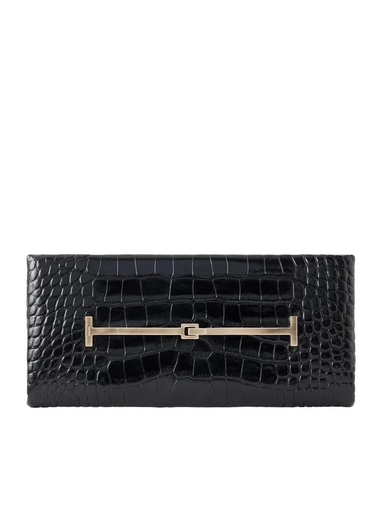 Arc T-embellished croc-effect leather clutch