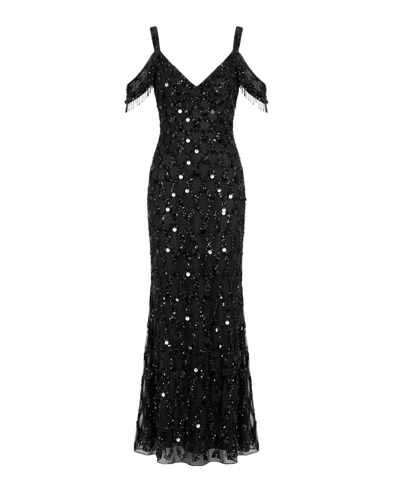 Beaded Mesh Off-The-Shoulder Column Gown