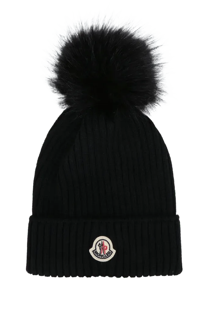 Moncler Jr HAT Wool-Blend with Fur Pom Beanie — Black