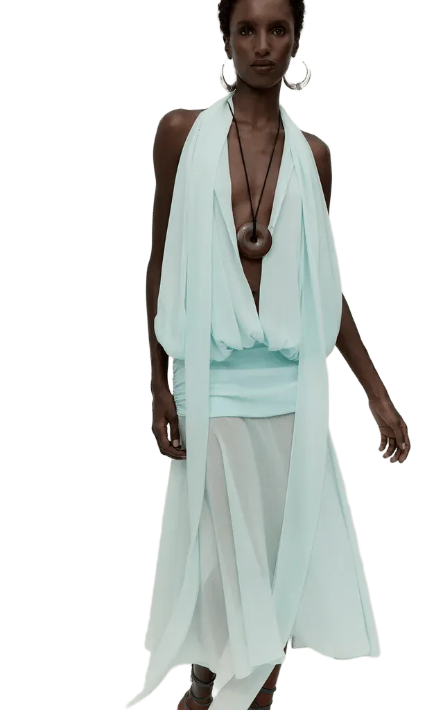 Indigo Sheer Halter Neck Midi Dress