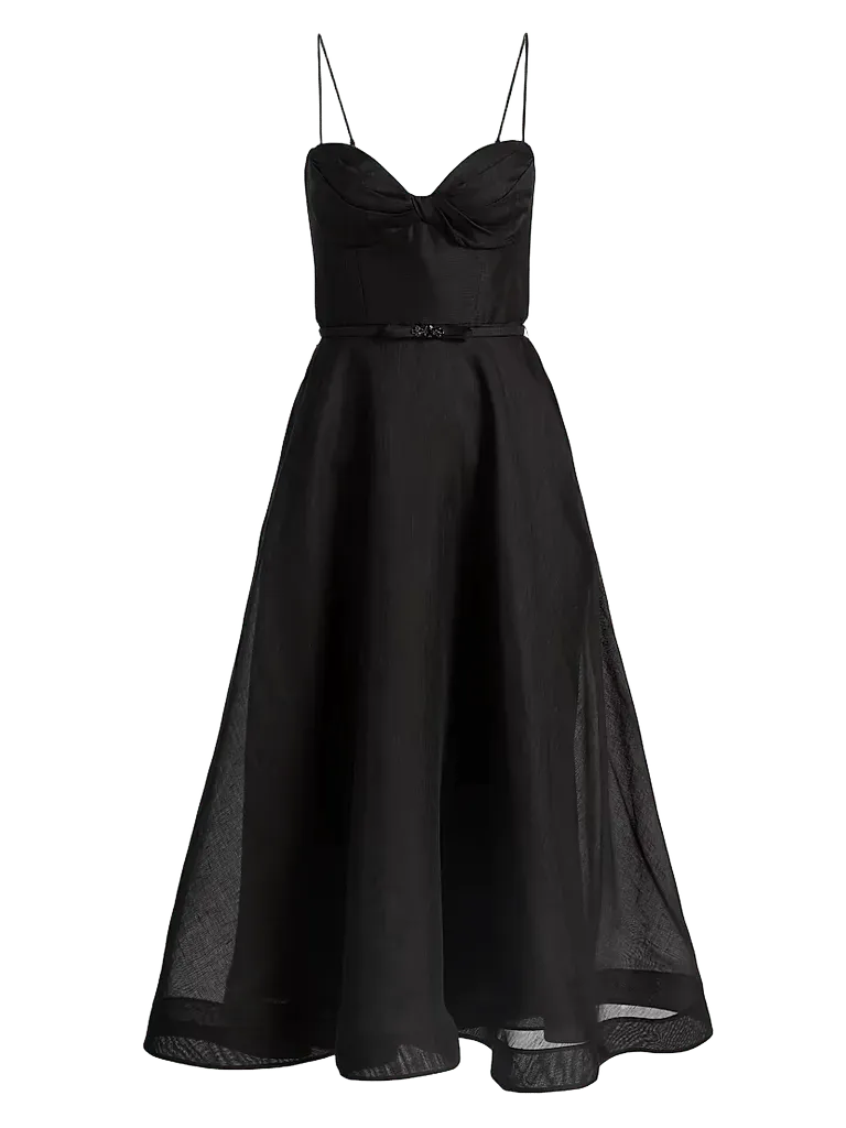 Luna Tie-Waist Linen-Silk A-Line Midi-Dress